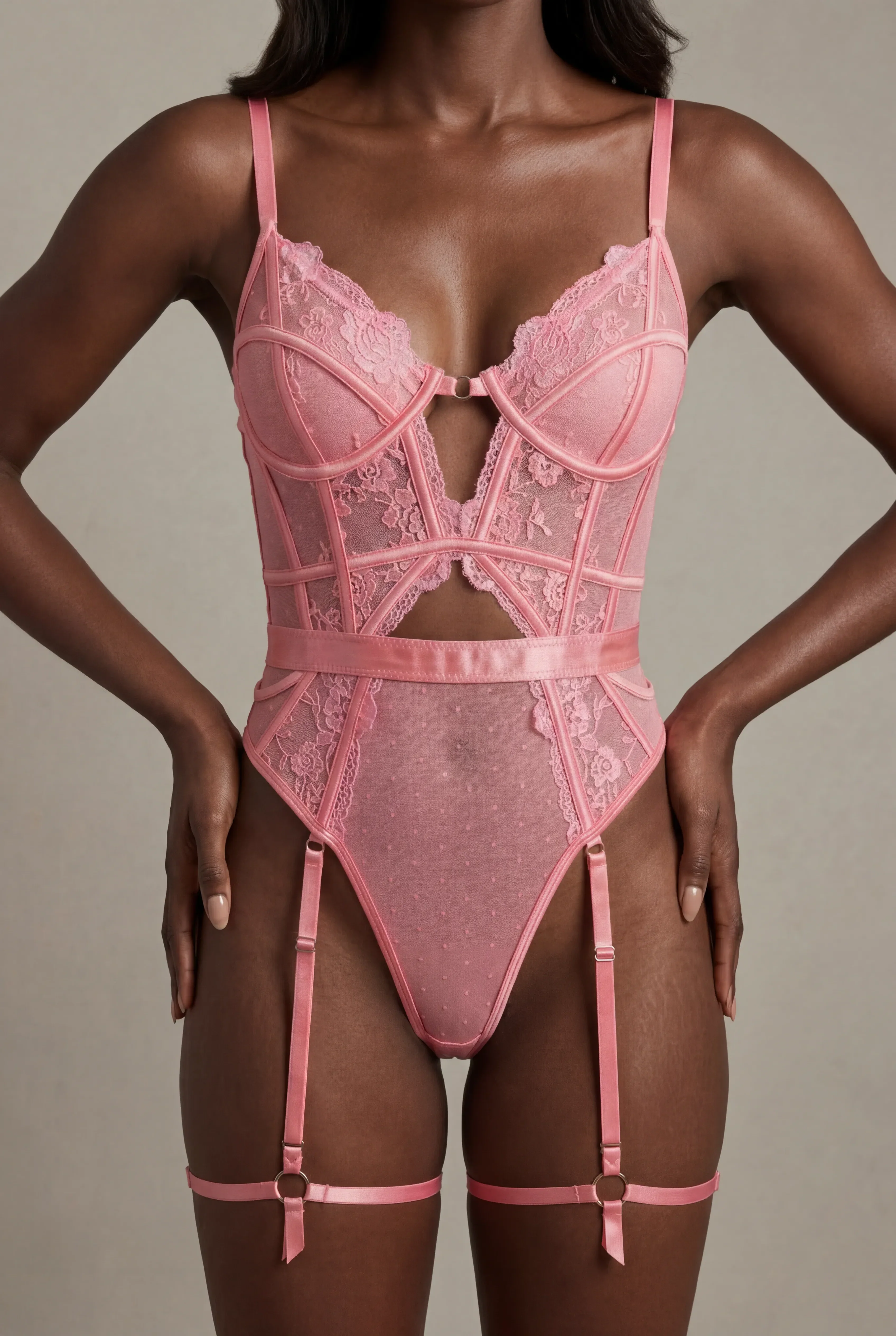 Lace bodysuit with thigh band - AUDACE Pink 