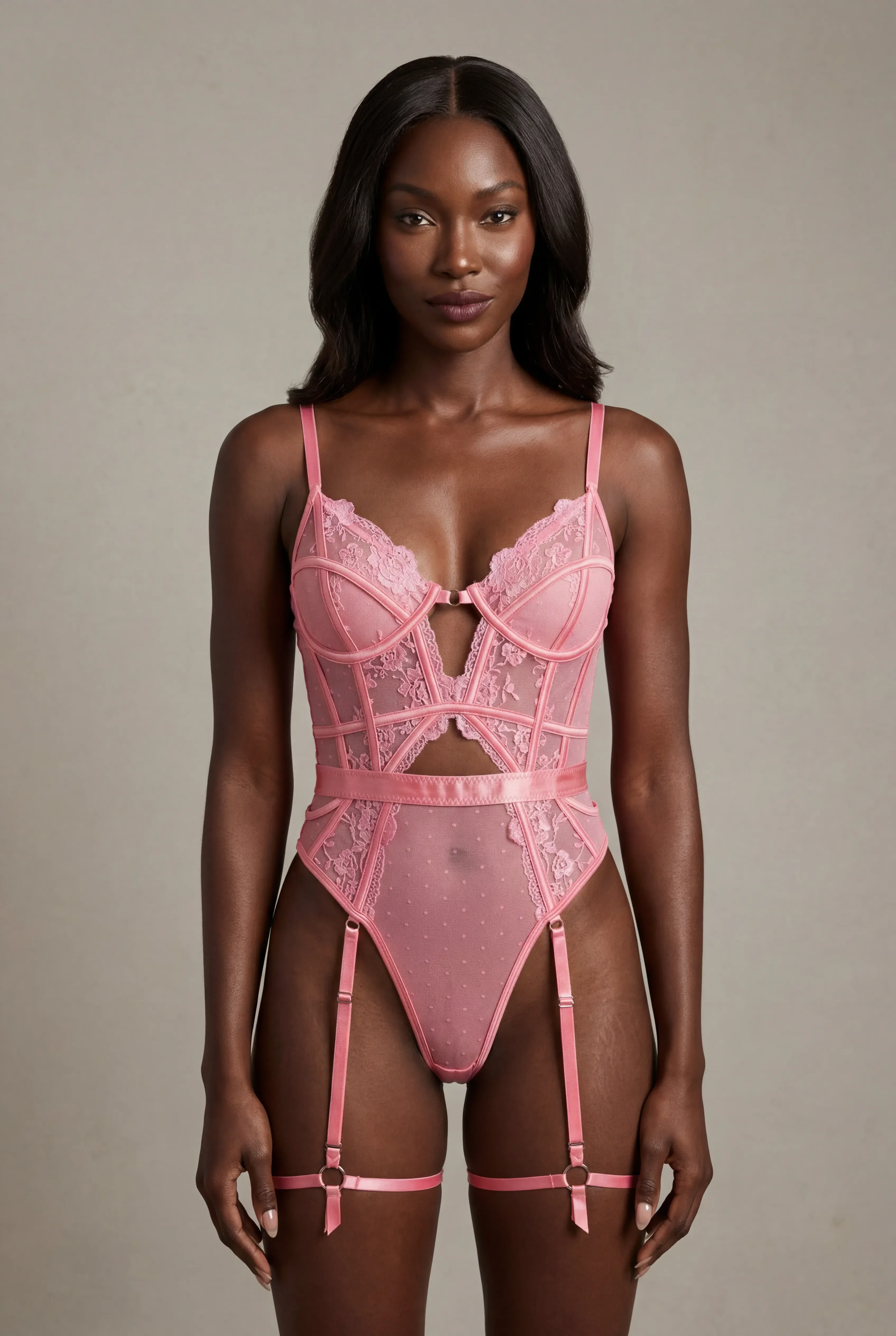 Lace bodysuit with thigh band - AUDACE Pink  - Image 3