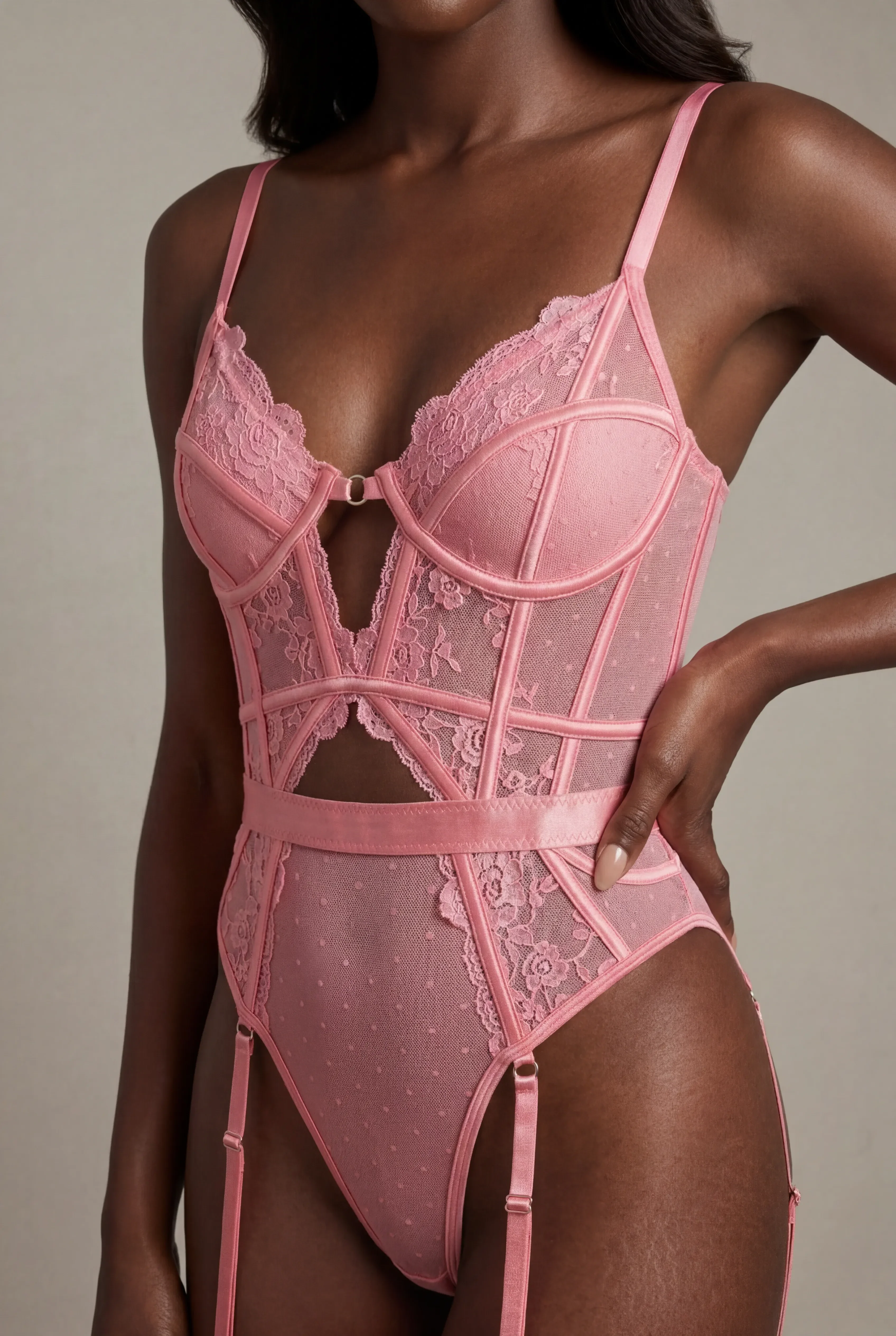 Lace bodysuit with thigh band - AUDACE Pink  - Image 5