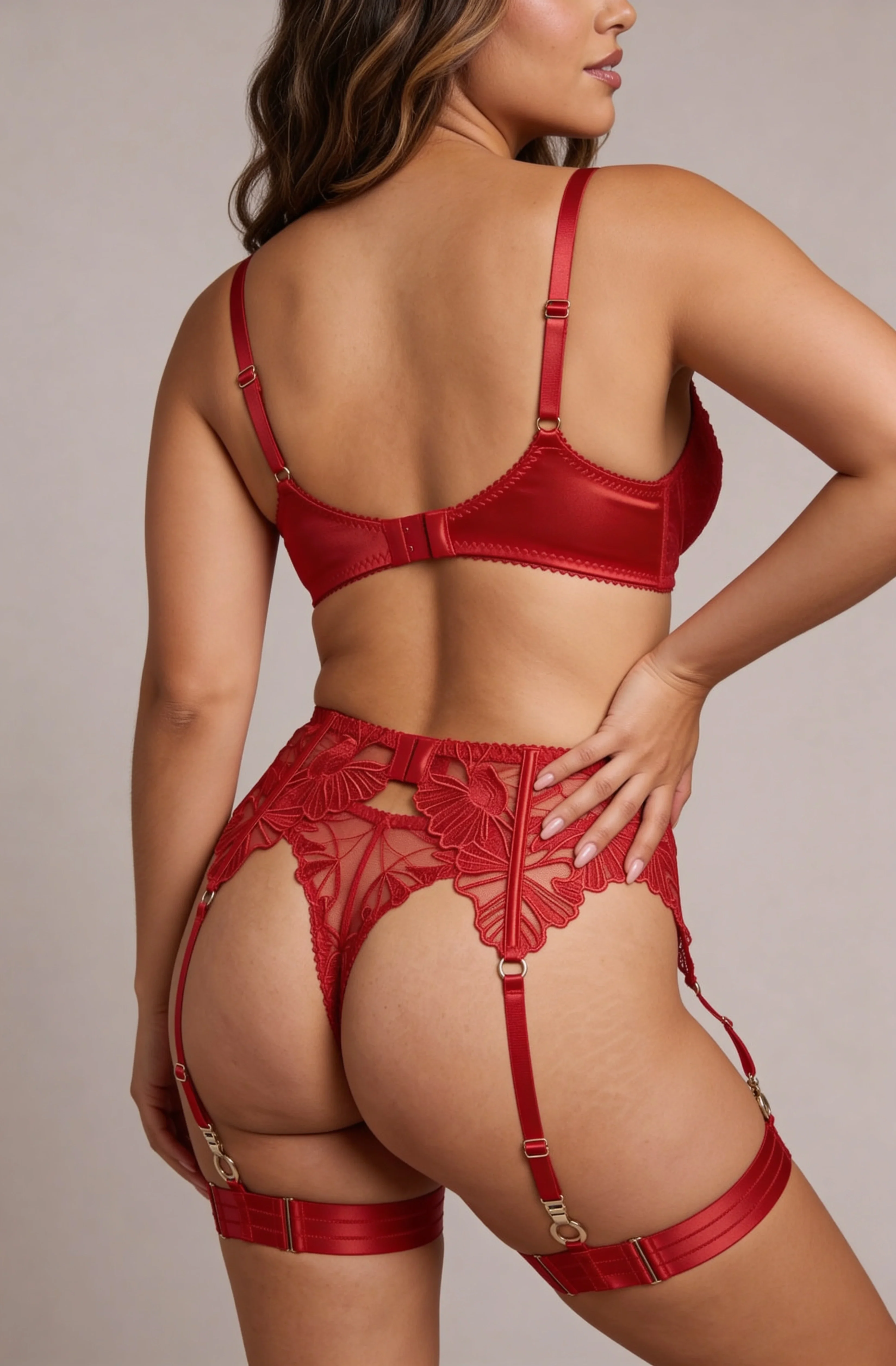 Women's Four Piece Lingerie Set with Thigh Warmers and Gloves - FLAME Red - Image 2